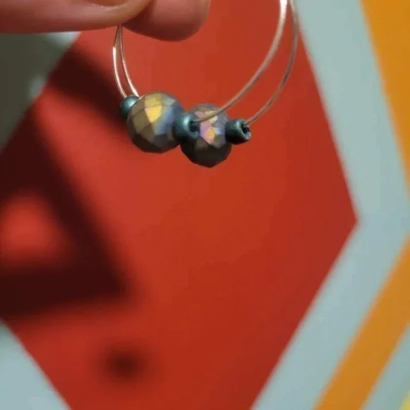 New Handmade Iridescent Glass Beads On Silver Colored Hoop Earrings Gift Boxed - Picture 3 of 9
